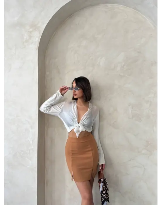 Çift yırtmaçlı etek camel s25910