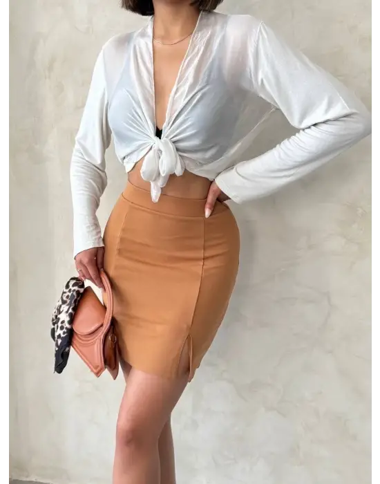 Çift yırtmaçlı etek camel s25910