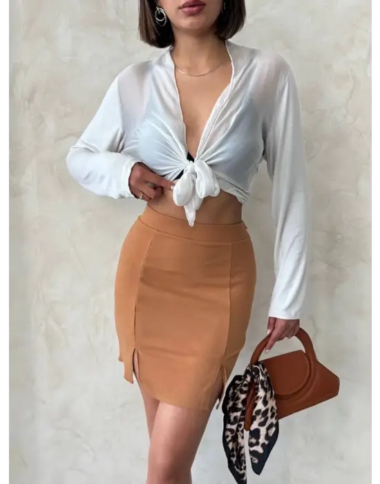 Omarı Şık ve Pratik Çift Yırtmaçlı Etek - Trend Renk Camel