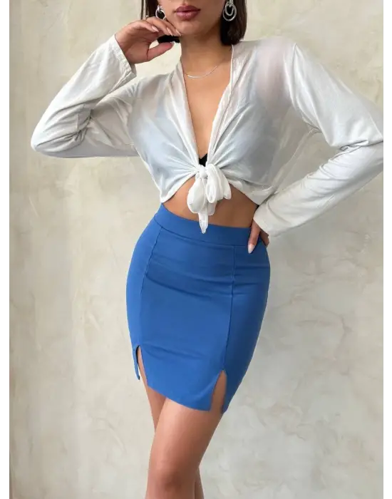 Çift yırtmaçlı etek indigo s25910