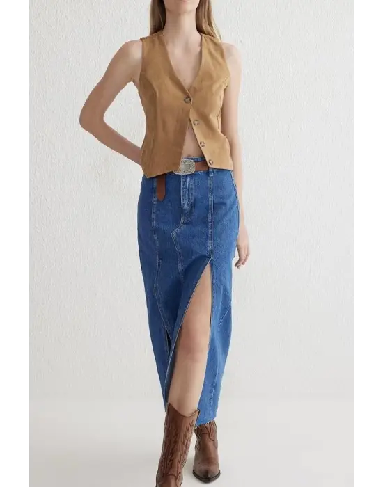 Omarı Çift Yırtmaçlı Kot Etek - Modern ve Şık Tasarım