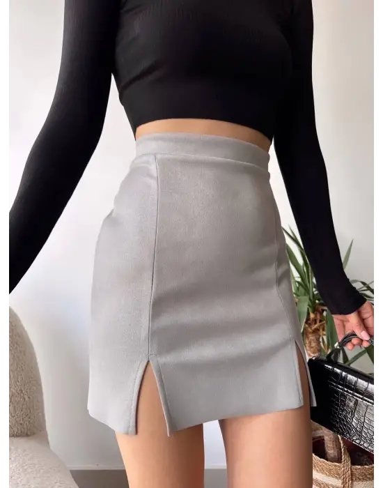 Çift yurtmaçlı süet etek gri s241002