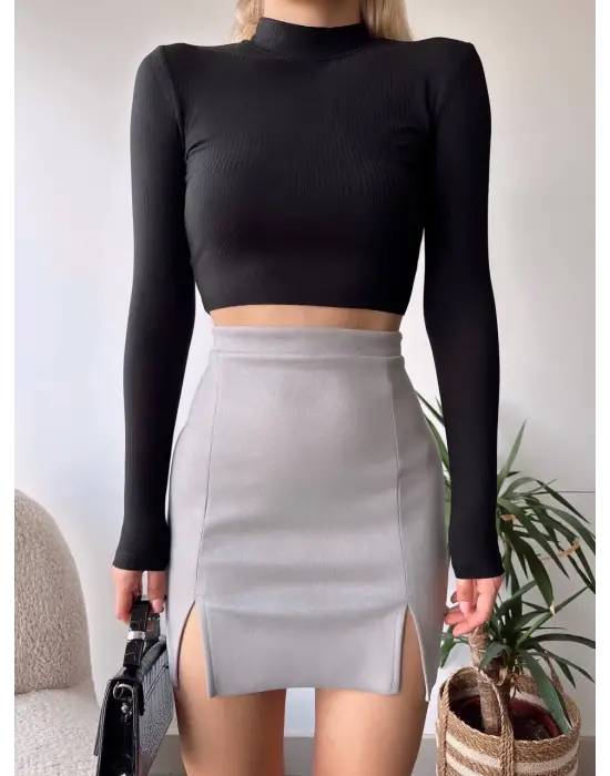 Çift yurtmaçlı süet etek gri s241002