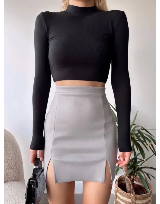 Çift yurtmaçlı süet etek gri s241002