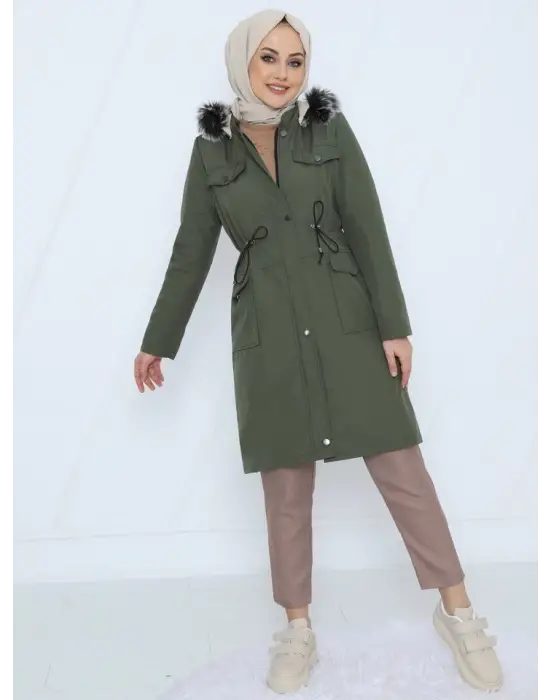 Çıkma Kapşonlu Bağcıklı Bondit Kısa Kaban  -Haki