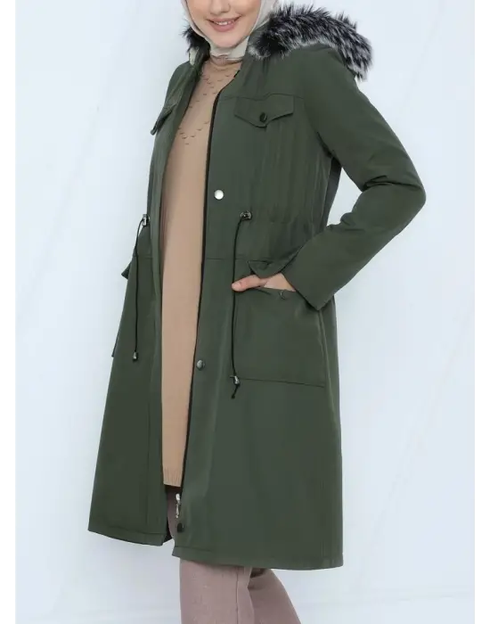 Çıkma Kapşonlu Bağcıklı Bondit Kısa Kaban  -Haki