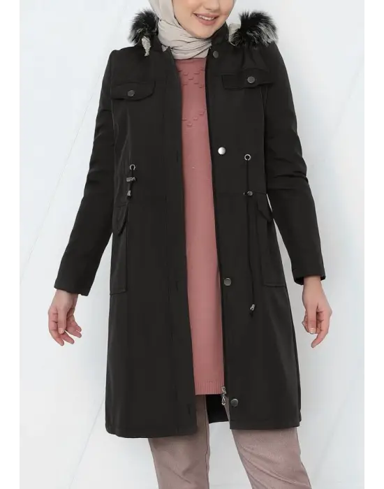 Omarı Çıkma Kapşonlu Bağcıklı Kısa Kaban -Siyah