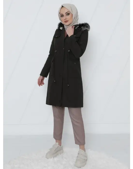 Omarı Çıkma Kapşonlu Bağcıklı Kısa Kaban -Siyah