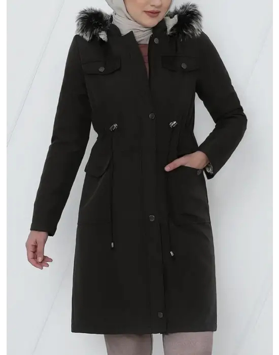 Omarı Çıkma Kapşonlu Bağcıklı Kısa Kaban -Siyah