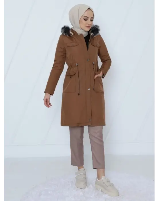 Çıkma Kapşonlu Bağcıklı Bondit Kısa Kaban -Taba