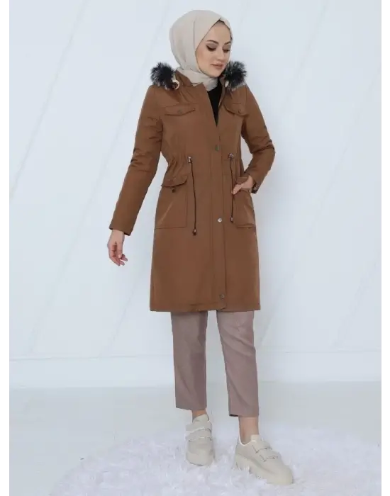 Omarı Deri Detaylı Bağcıklı Kısa Kaban - Taba