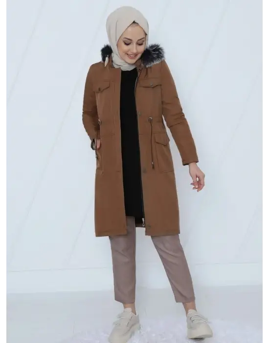 Çıkma Kapşonlu Bağcıklı Bondit Kısa Kaban -Taba