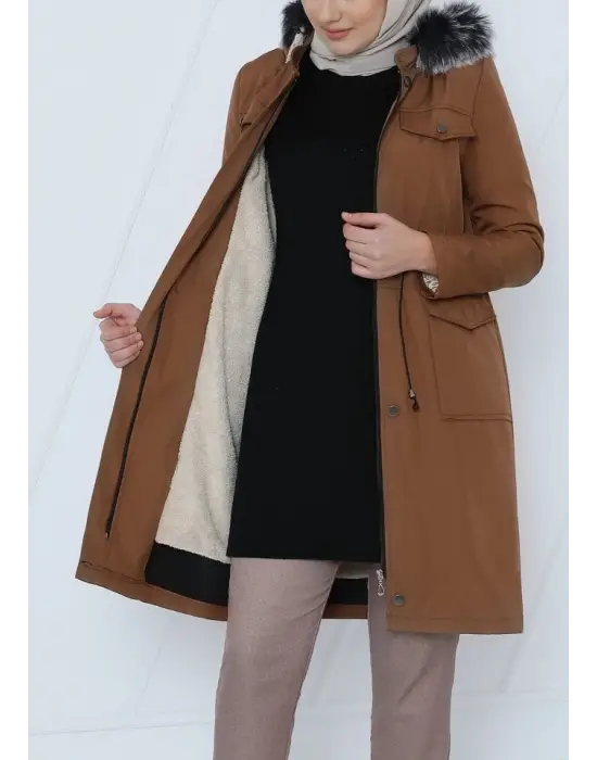 Çıkma Kapşonlu Bağcıklı Bondit Kısa Kaban -Taba