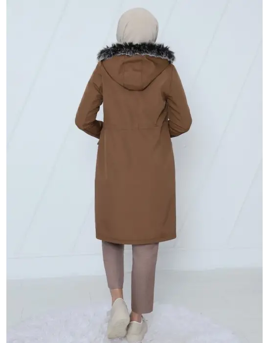 Çıkma Kapşonlu Bağcıklı Bondit Kısa Kaban -Taba