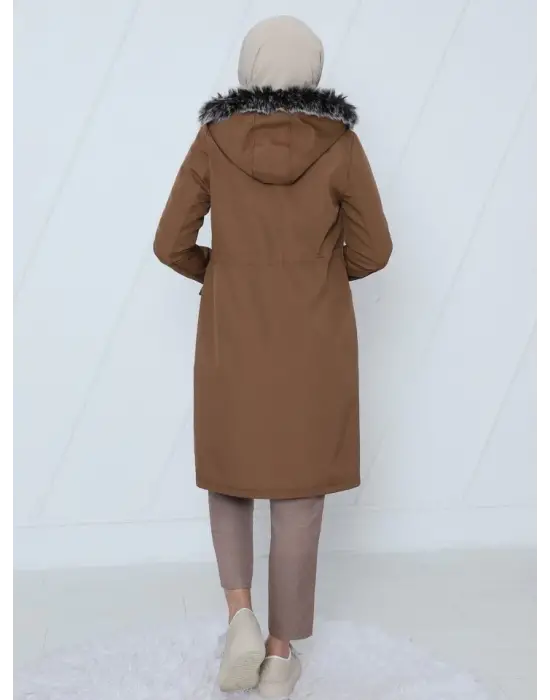 Omarı Deri Detaylı Bağcıklı Kısa Kaban - Taba