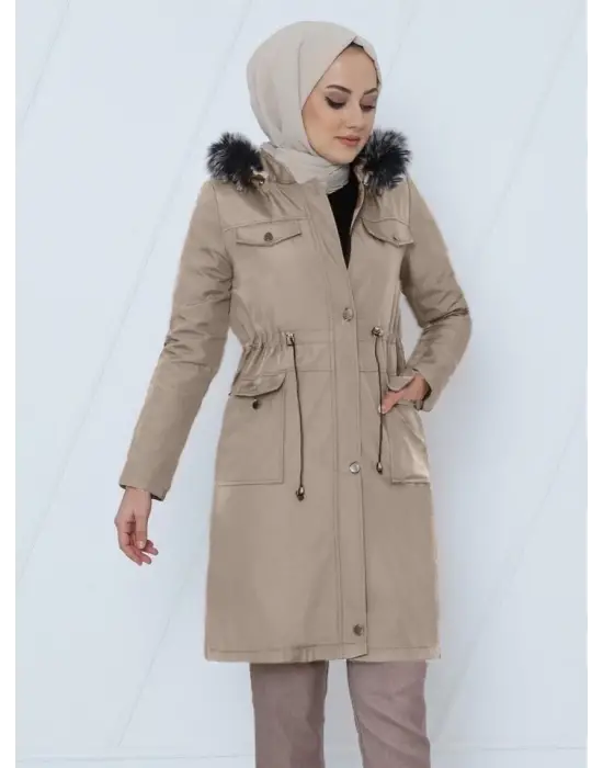 Omarı Şık ve Modern Bağcıklı Kısa Kaban - Taş Rengi