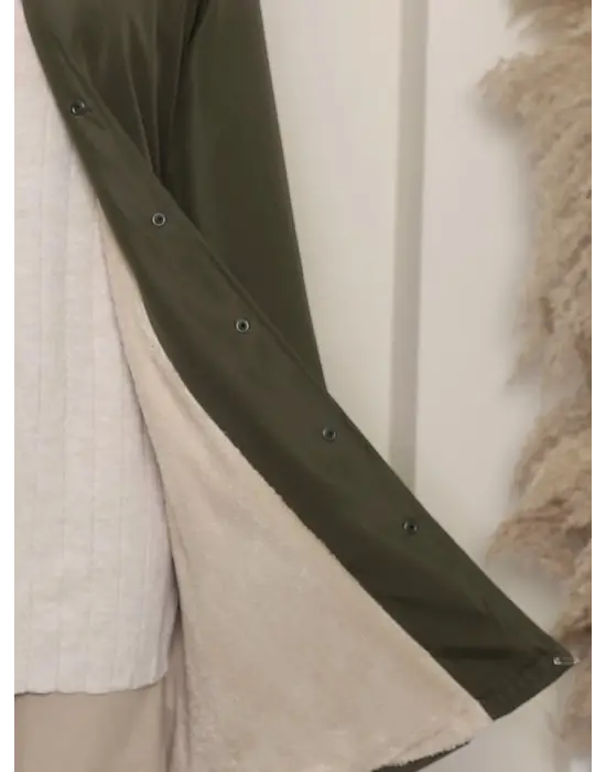 Çıkma Kapşonlu Çıtçıtlı Cepli Kısa Kaban -Haki