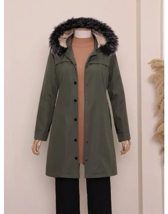 Çıkma Kapşonlu Çıtçıtlı Cepli Kısa Kaban -Haki