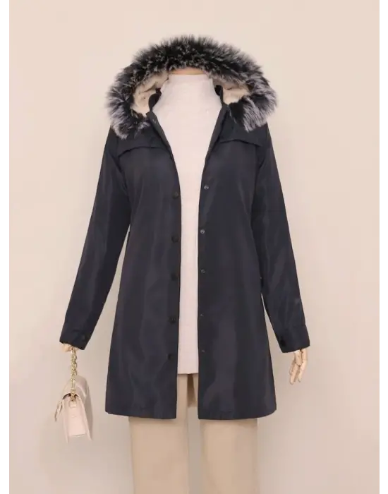 Çıkma Kapşonlu Çıtçıtlı Cepli Kısa Kaban  -Laci