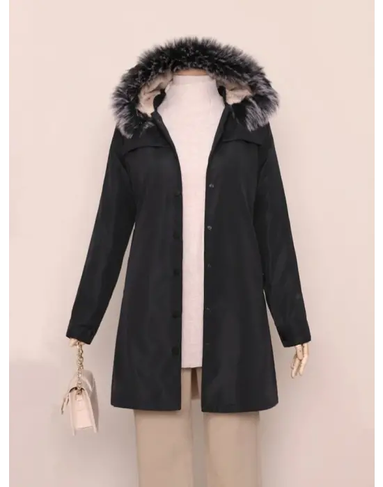 Çıkma Kapşonlu Çıtçıtlı Cepli Kısa Kaban -Siyah