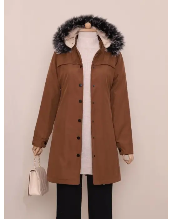 Omarı Kadın Yazlık Kapşonlu Kısa Kaban - Taba