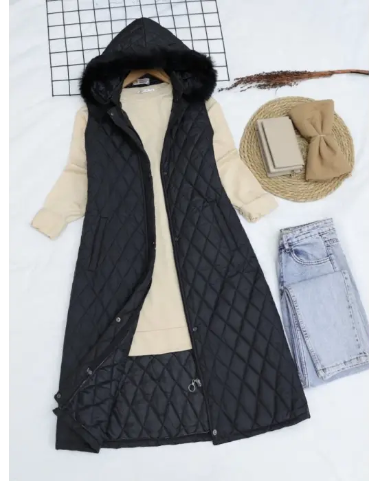 Çıkma Kapşonlu Kapitone Uzun Yelek -Siyah