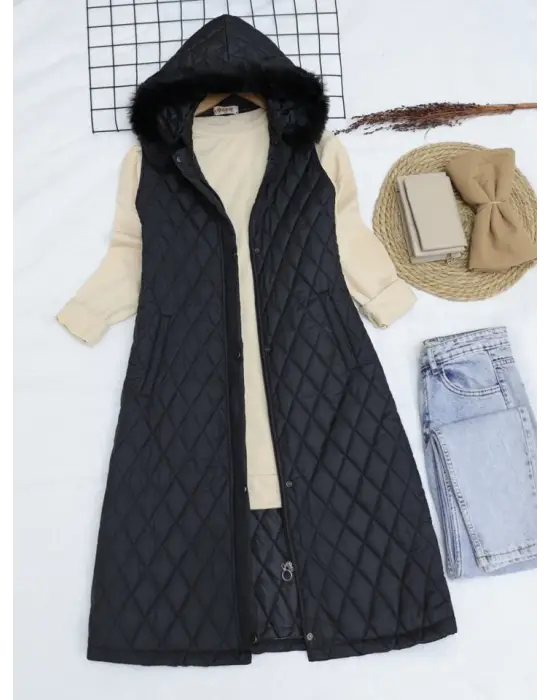 Çıkma Kapşonlu Kapitone Uzun Yelek -Siyah