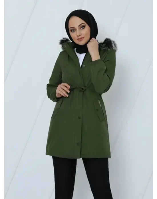 Çıkma Kapşonlu Kolu Lastikli Cepli Kısa Kaban -Haki