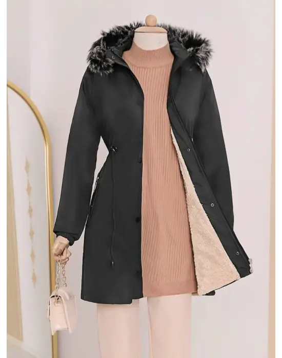 Çıkma Kapşonlu Kolu Lastikli Cepli Kısa Kaban -Siyah