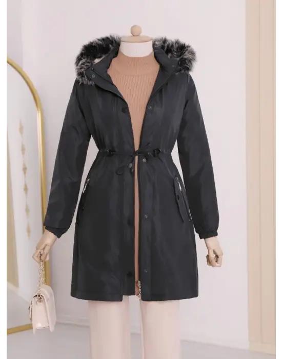 Çıkma Kapşonlu Kolu Lastikli Cepli Kısa Kaban -Siyah