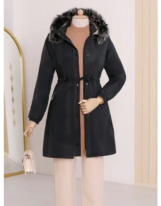 Çıkma Kapşonlu Kolu Lastikli Cepli Kısa Kaban -Siyah