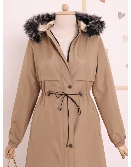 Omarı Trendy Kapşonlu Tünel Bağcıklı Kaban - Açık Vizon