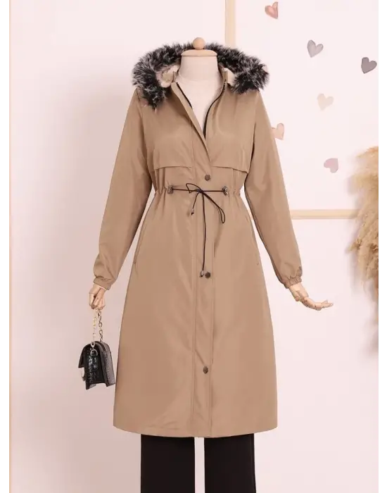 Çıkma Kapşonlu Tünel Bağcıklı Bondit Kaban -Açık Vizon