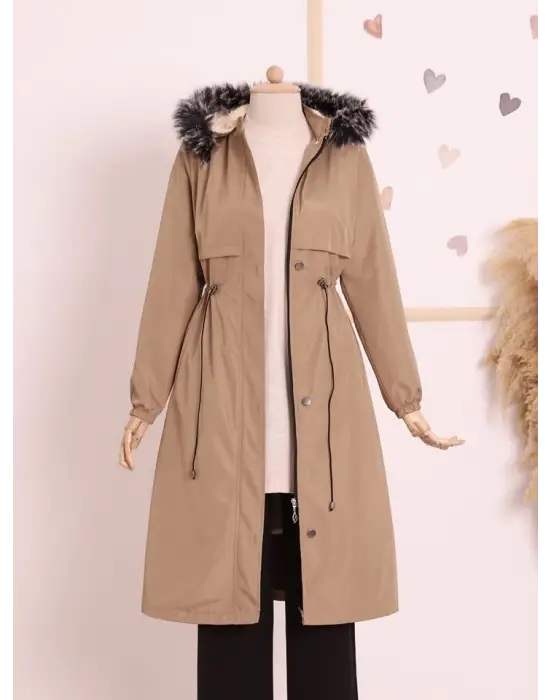 Çıkma Kapşonlu Tünel Bağcıklı Bondit Kaban -Açık Vizon