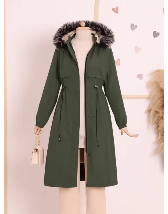 Omarı Tünel Bağcıklı Haki Kapşonlu Kaban