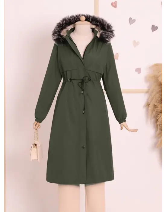 Omarı Tünel Bağcıklı Haki Kapşonlu Kaban