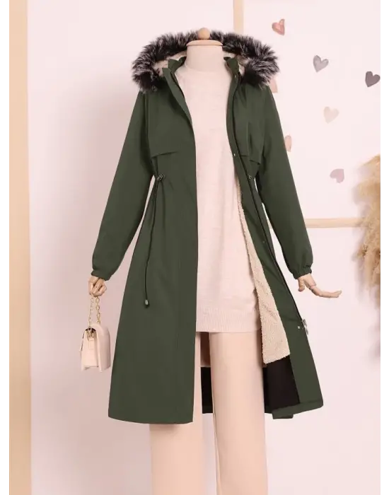 Omarı Tünel Bağcıklı Haki Kapşonlu Kaban