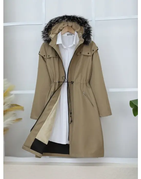 Çıkma Kapşonlu Yıldız Metal Detaylı Kaban  -Taş