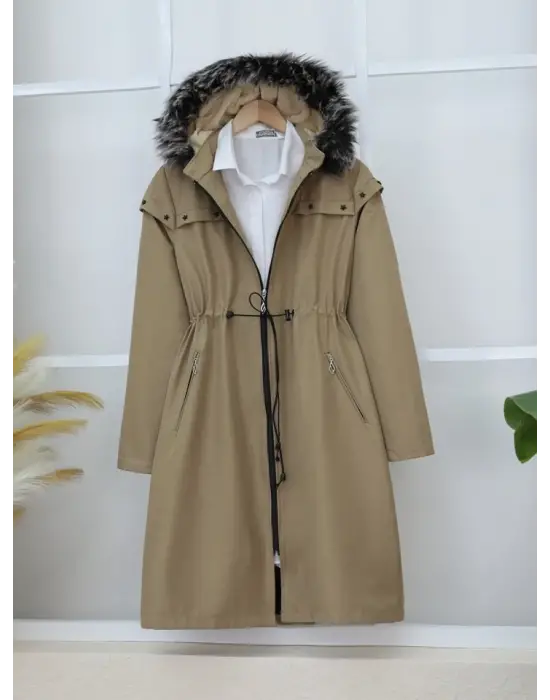 Çıkma Kapşonlu Yıldız Metal Detaylı Kaban  -Taş