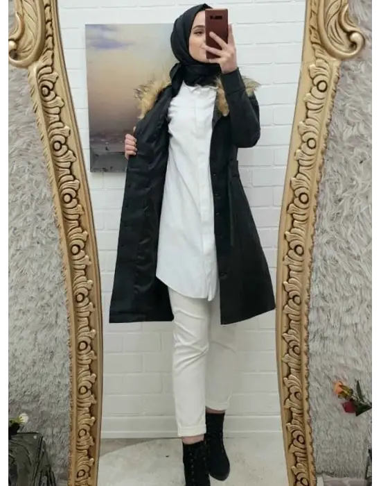 Çıkma Kürklü  Deri Mont -Siyah