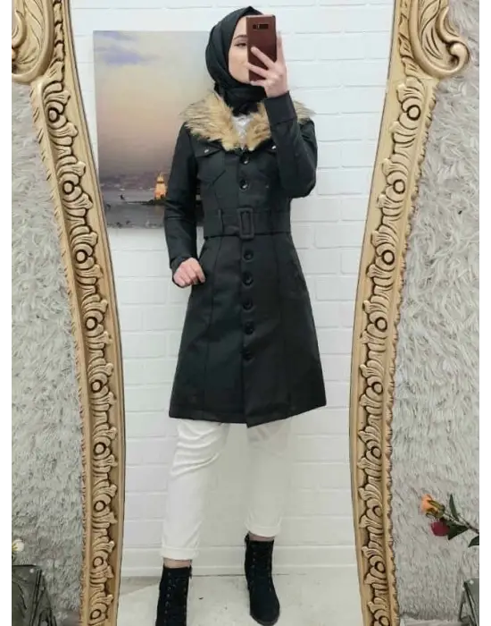 Çıkma Kürklü  Deri Mont -Siyah