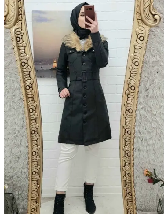 Çıkma Kürklü  Deri Mont -Siyah