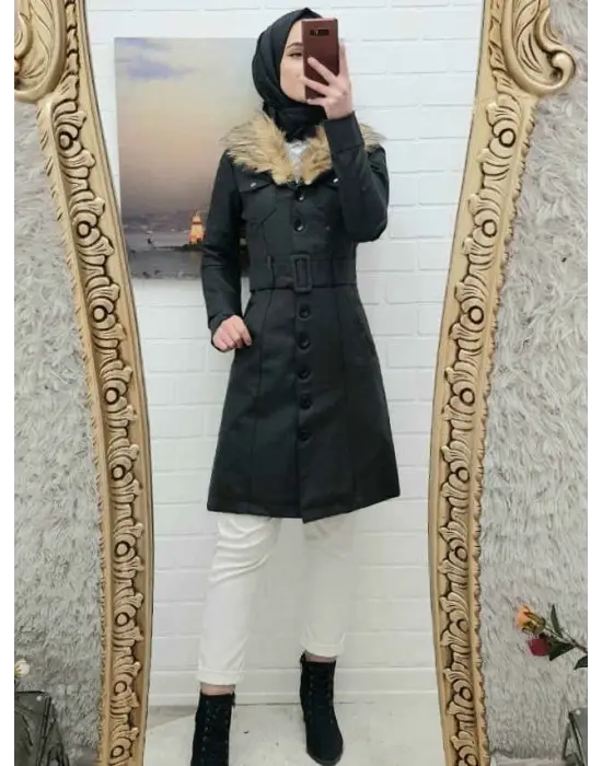 Çıkma Kürklü  Deri Mont -Siyah