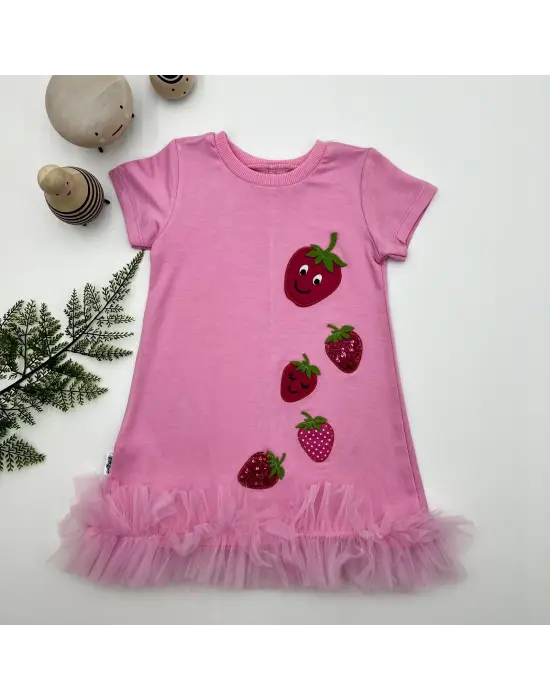 Omarı Çilek Nakışlı Fırfırlı Pembe Kız Çocuk Elbisesi