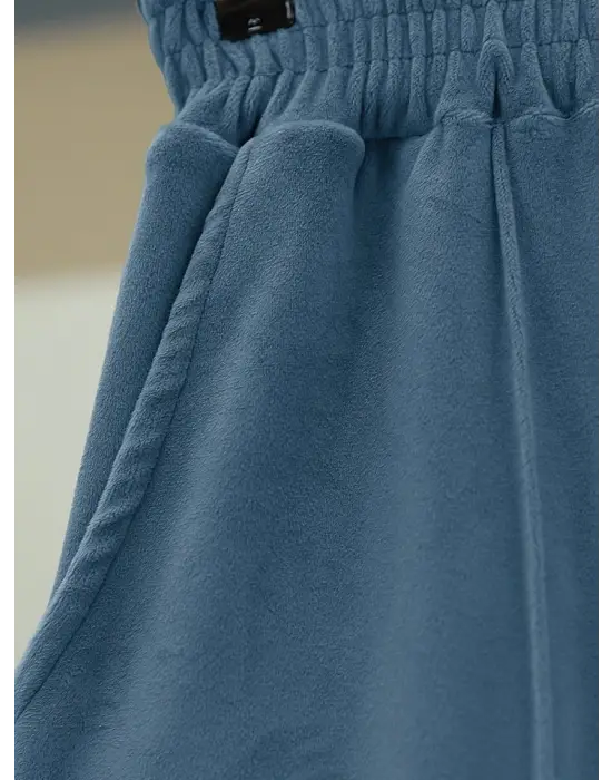 Çımalı Beli Lastikli Kadife Pantolon -Mavi