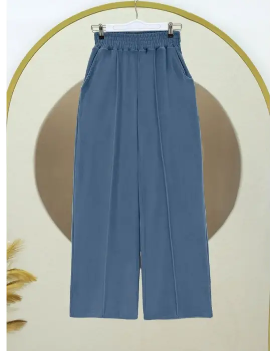 Çımalı Beli Lastikli Kadife Pantolon -Mavi
