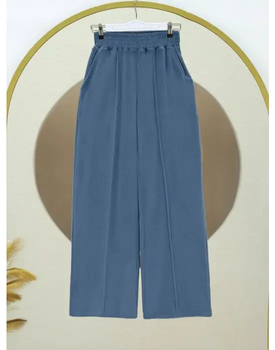 Çımalı Beli Lastikli Kadife Pantolon -Mavi
