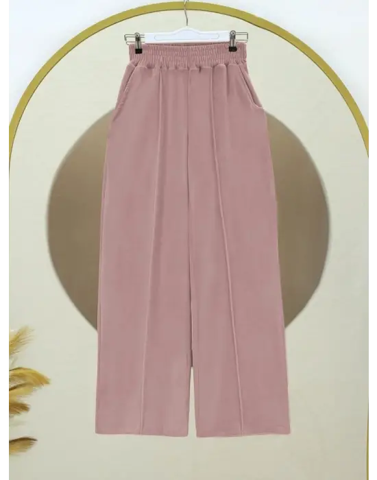 Çımalı Beli Lastikli Kadife Pantolon -Pudra