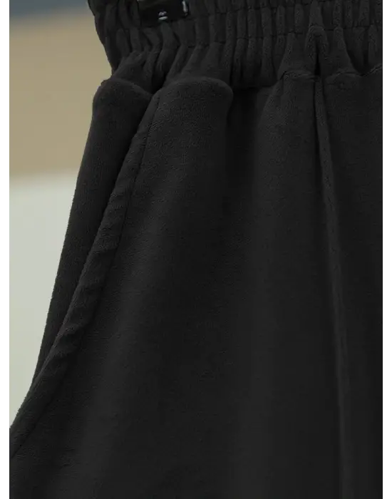 Çımalı Beli Lastikli Kadife Pantolon -Siyah