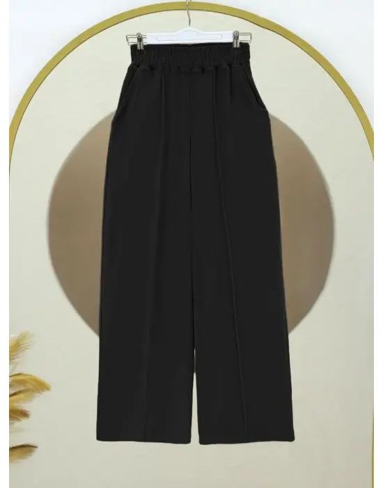 Çımalı Beli Lastikli Kadife Pantolon -Siyah